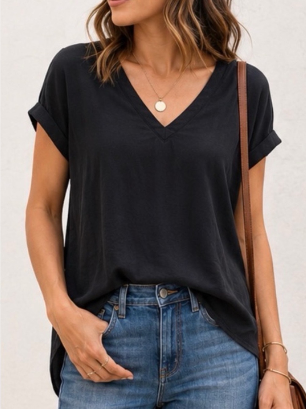 cloth & stone Black V-Neck Short Sleeve Rayon Tee